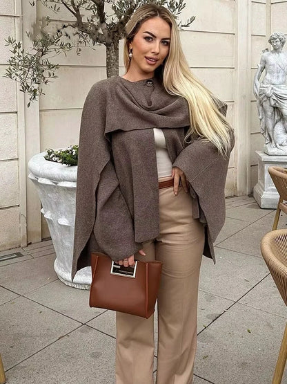 maoxiangshop  -  Elegant Women's Asymmetric Knitted Scarf Sweaters Women O-neck Single Button Side Slit Thick Cardigans Autumn Female Outerwear