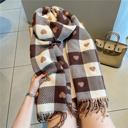 maoxiangshop Luxury Brand Women Knitted Heart-pattern Plaid Scarf Lovey Girl Winter Warm Scarves College Leisure Shawl Wraps