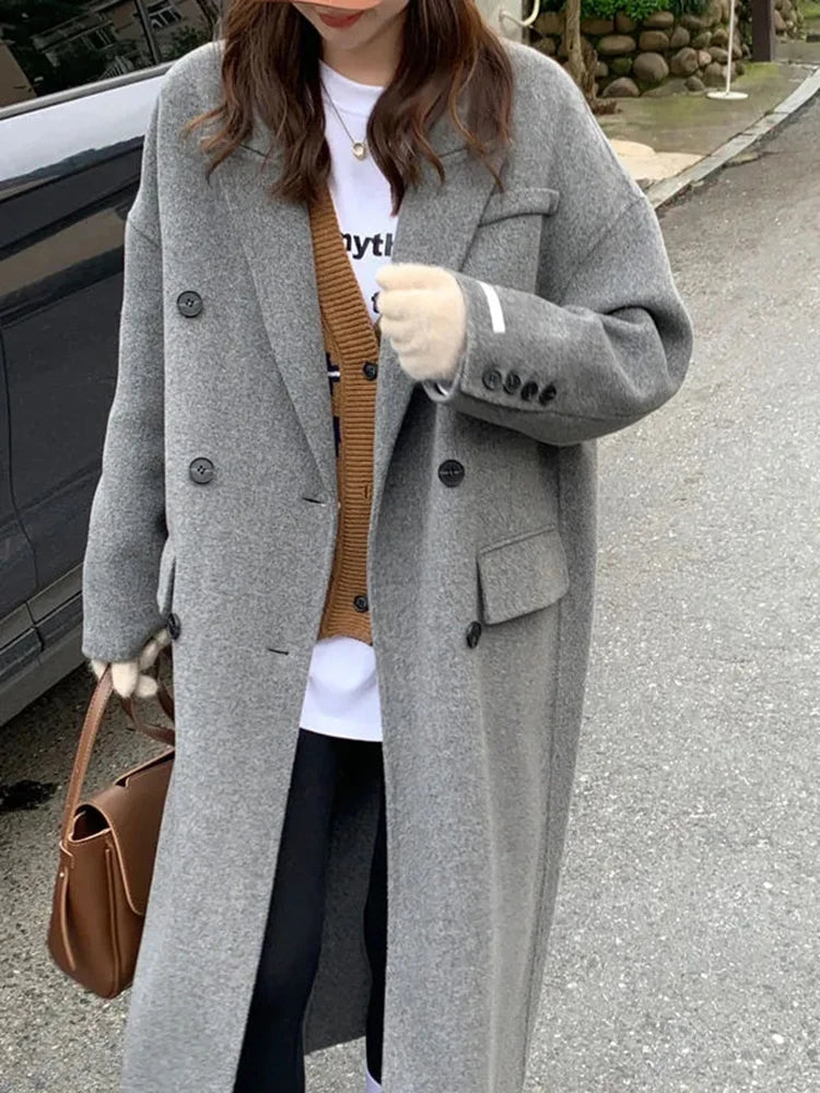 maoxiangshop Winter Thick Office Lady Long Wool Coat Elegant Fashion Faux Wool Jacket Women Simple Grey Long Sleeve All Match Outwear