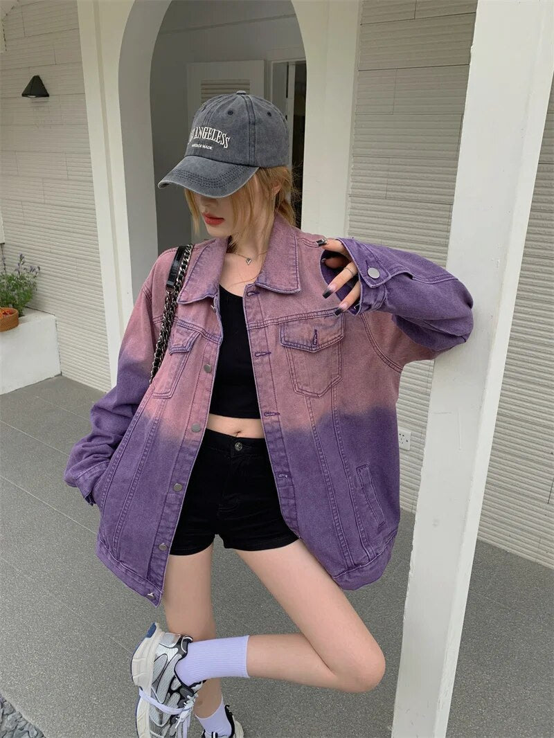 maoxiangshop Purple Ombre Denim Jacket for Women Oversized Jean Jacket Y2K Grunge Autumn Winter