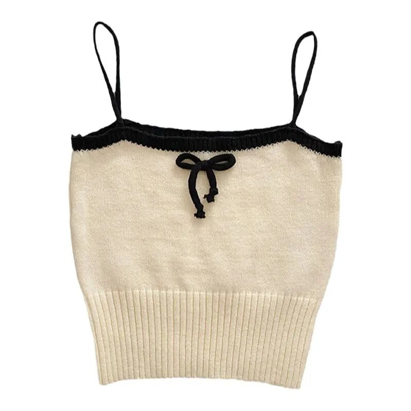 maoxiangshop Women Sexy Knitted Patchwork Crop Tops Spaghetti Strap Tank Top Off Shoulder Sleeveless Solid Camis For Women Summer