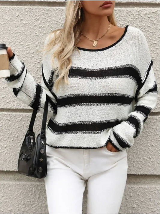 maoxiangshop  -  Casual Round Neck Color Blocking Knit Pullover Sweater in Autumn/Winter Colors, with Striped Design and Loose Fit