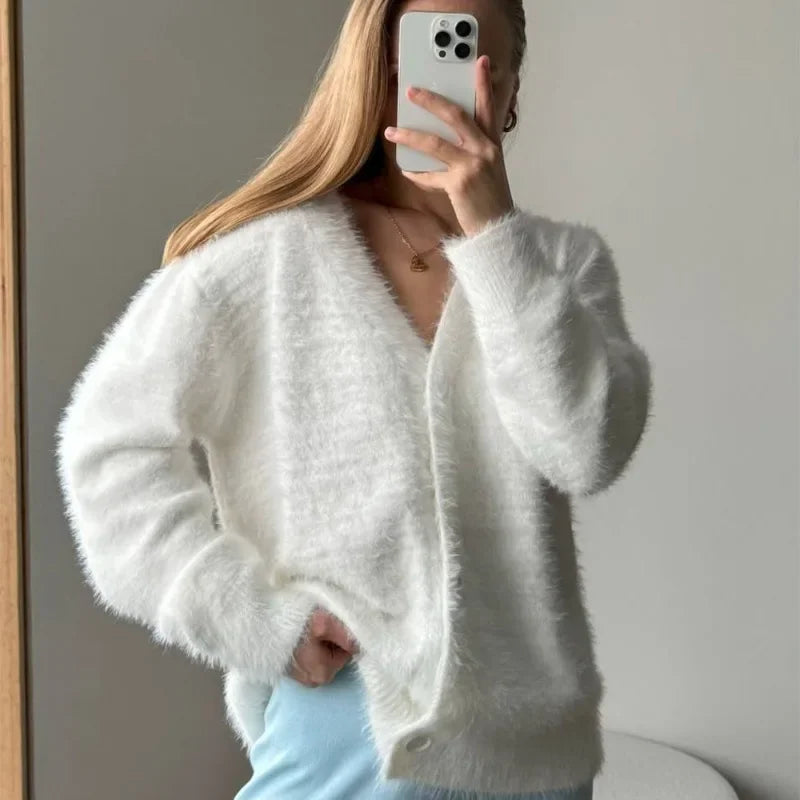 maoxiangshop  -  Women's Knitted Thick Cashmere Wool Cardigan Chic V Neck Single Breasted Long Sleeve Sweater Fall Winter Coat Outwear