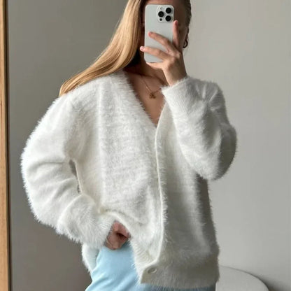 maoxiangshop  -  Women's Knitted Thick Cashmere Wool Cardigan Chic V Neck Single Breasted Long Sleeve Sweater Fall Winter Coat Outwear