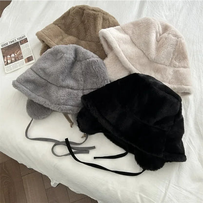 maoxiangshop Korean New Ear Protection Bucket Hats for Women Autumn and Winter Travel Versatile Warm Retro Solid Color Plush Men's Caps