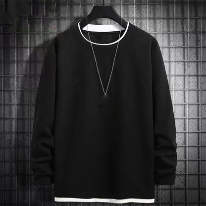 maoxiangshop Autumn Men's Round Neck T-Shirts Fashion Fake-two Pieces Street Long Sleeve T-shirt Sports Athletic Pullover Blouse Tops For Man