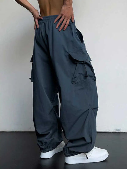 maoxiangshop Loose Fit Cargo Pants for Men Solid Streetwear Tooling Trousers Mid-waist Drawstring Beam Feet Long Pants