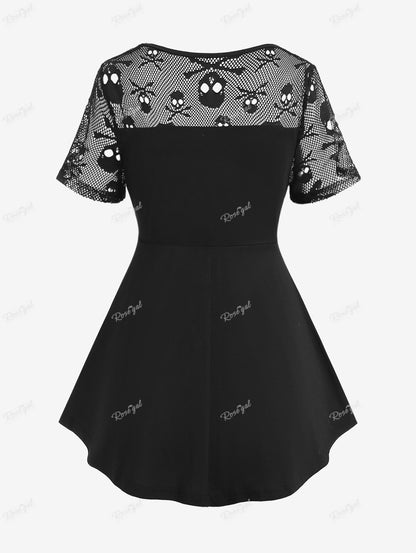 maoxiangshop Plus Size Gothic Skull Mesh Panel Cutout T-shirt Black Round Neck Short Sleeve Blouse Tops For Women Halloween