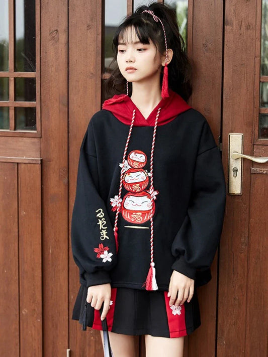 maoxiangshop Black Fleece Hooded Sweatshirt Harajuku Chinese Embroidery Oversize Pullover Hoodies Women Winter Sweet Style Female Top