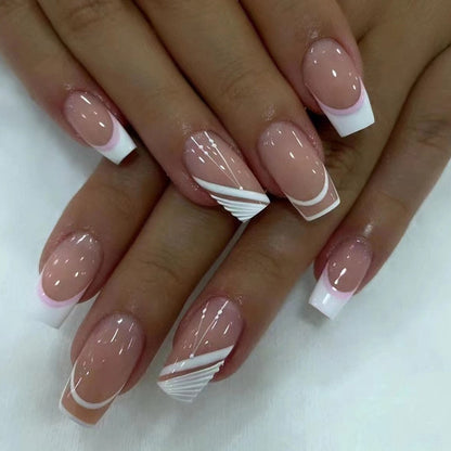 24Pcs Acrylic Fake Nails Press on Simple French False Nail with White Edge Design Wearable Mid-length Almond Full Cover Nail Tip