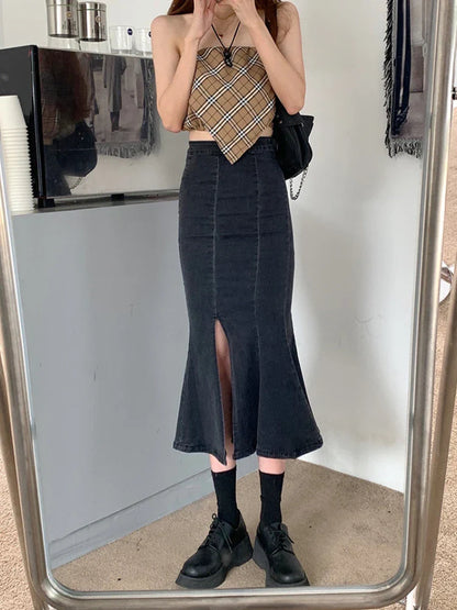 maoxiangshop Black Denim Long Skirt Women Vintage High Waist Split Bodycon Ruffles Pencil Mermaid Midi Skirt Summer Japanese Fashion