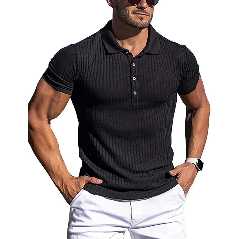 maoxiangshop New Summer Polo Men Solid Stripe Fitness Elasticity Short Sleeve Polo Shirts for Men Fashion Stand Collar Mens Shirts