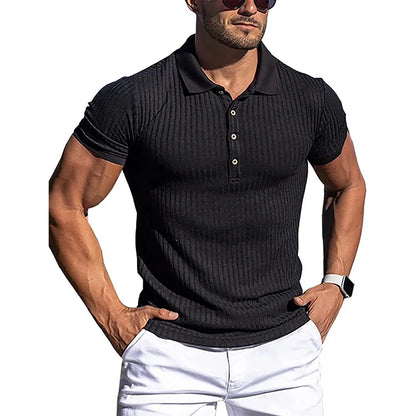 maoxiangshop New Summer Polo Men Solid Stripe Fitness Elasticity Short Sleeve Polo Shirts for Men Fashion Stand Collar Mens Shirts