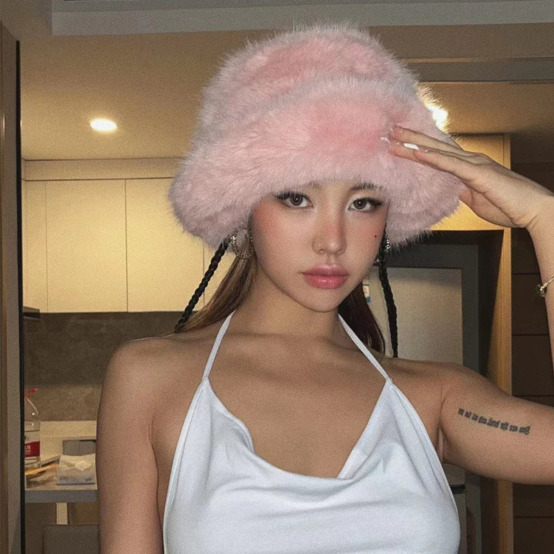 maoxiangshop  -  Y2K Fluffy Faux Fur Bucket Hat Women Winter Warm Thick Plush Ear Warmer Panama Fisherman Cap Lady Luxury Elegant Party Basin Hat