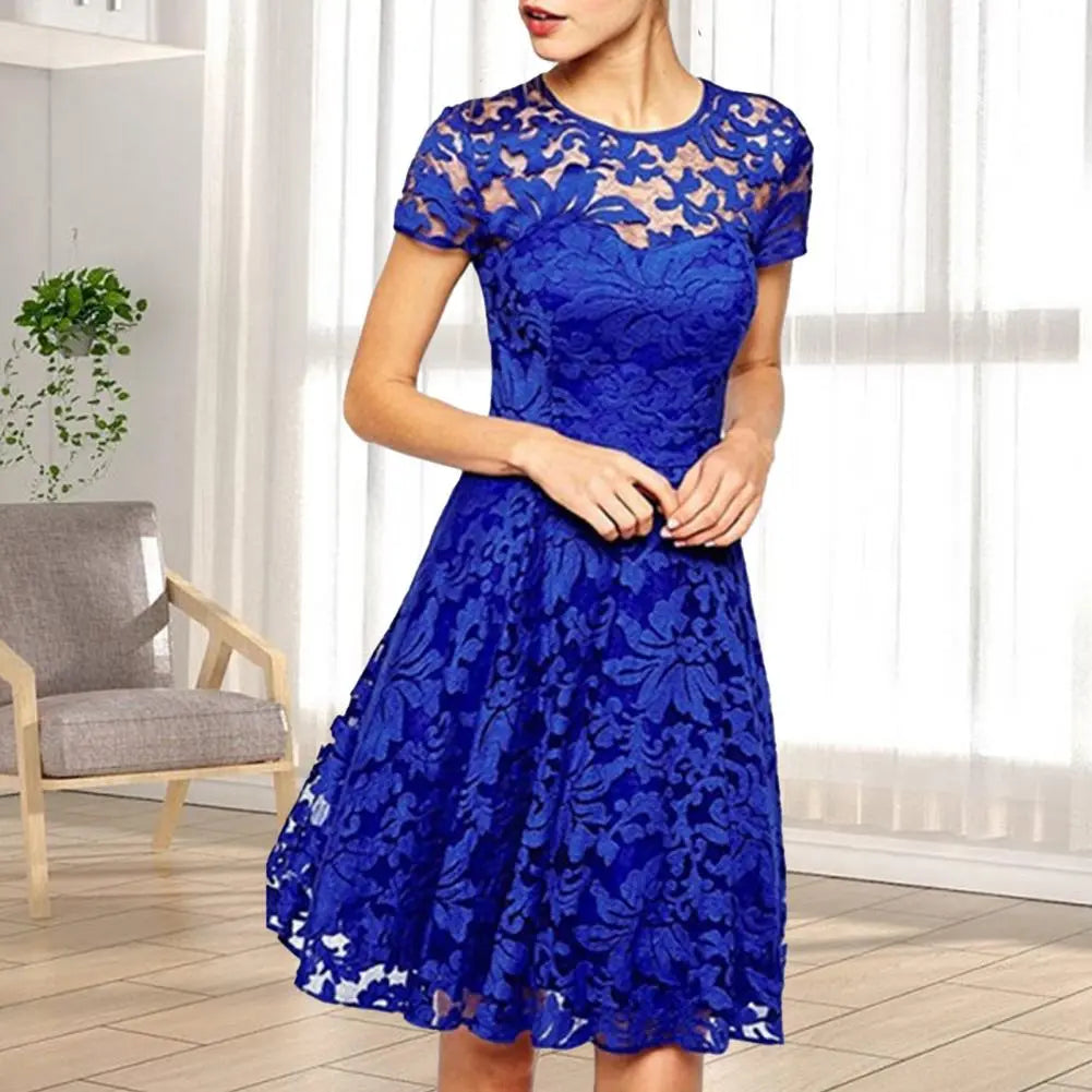 maoxiangshop Women Summer Dress See-through Hollow Out Lace Party Mini Dress Round Neck A-line Plus Size Prom Dress Women Clothes