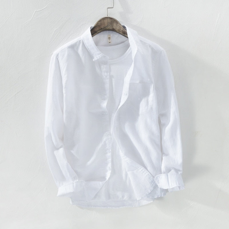 maoxiangshop Mens Cotton Linen Shirt Breathable Casual Solid Colors Loose Turn-down Collar Long Sleeve Button Down Blouse Tops Shirts For Man