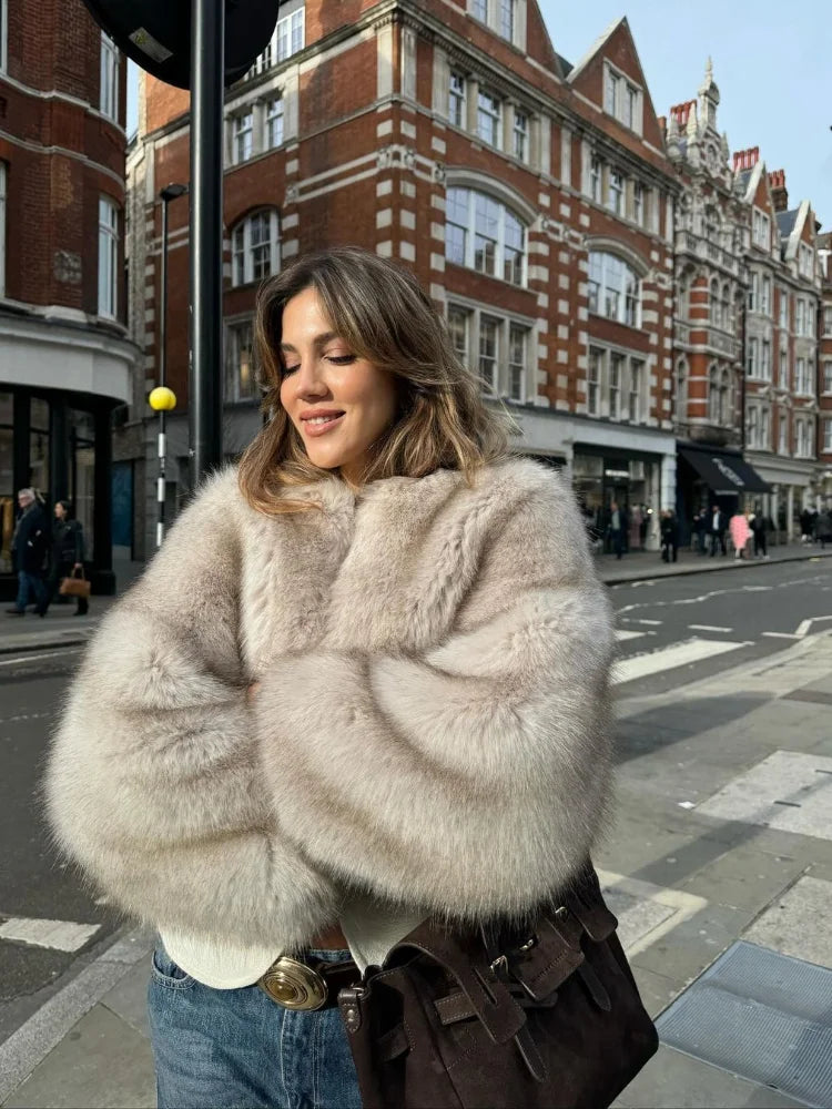 maoxiangshop  -  Short Faux Fur Coats Women Plush Autumn Winter O-neck Open Stitch Loose Women's Coat Long Sleeve Casual Jacket Female Streetwear