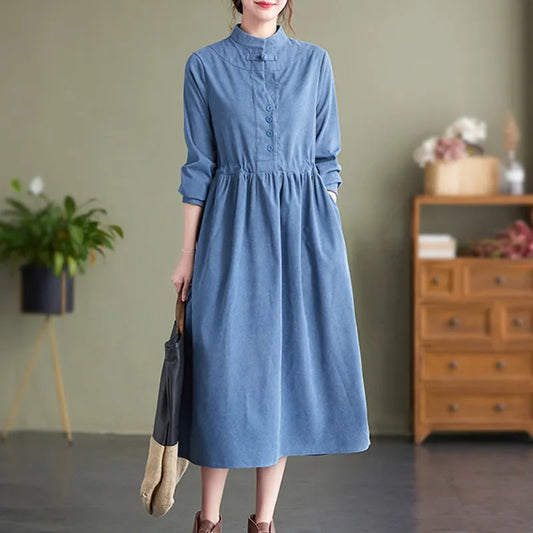 maoxiangshop Vintage Corduroy Dress Stand Collar Buttons High Waisted Midi Dress Long Sleeve Retro A Line Dress Women Pockets Autumn