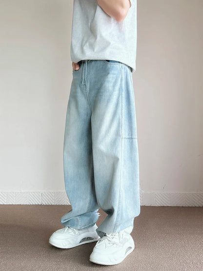 maoxiangshop Korean Fashion Men's Baggy Jeans Light Blue High Street Straight Wide Trousers Personalized Washed Y2k Pants Male