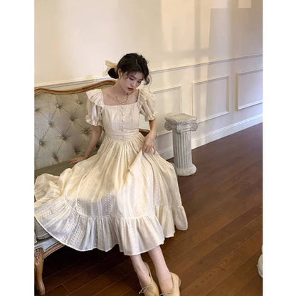 maoxiangshop Elegant Square Collar White Dress Summer Fashion Puff Sleeve Ruffle Dress for Women 2024 Chic Vintage Maxi Dresses