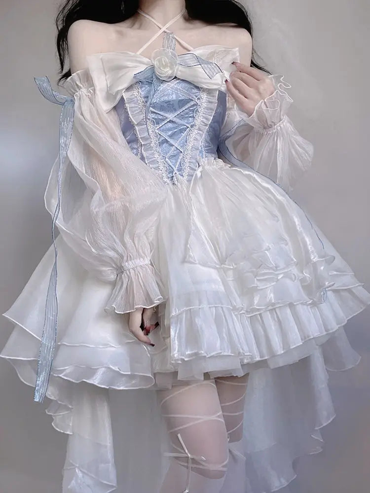 maoxiangshop French Romantic Style Lolita Op Elegant Girl Cosplay Princess Puff Sleeve Ribbon Bowknot Flower Tunic Mesh Fantastic Fairy Dress