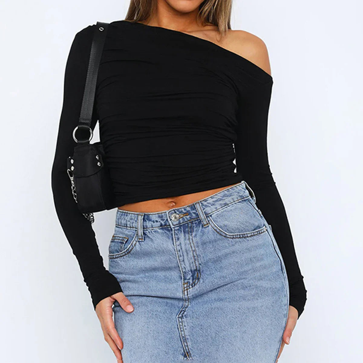 Women Ruched Off Shoulder T-shirts Casual Solid Color Long Sleeve Shirts Cropped Tops Streetwear Clubwear Sexy Pleated Pullovers