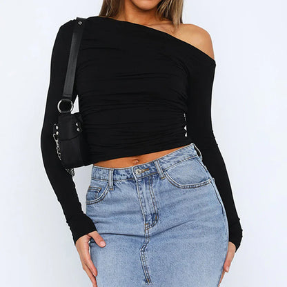 Women Ruched Off Shoulder T-shirts Casual Solid Color Long Sleeve Shirts Cropped Tops Streetwear Clubwear Sexy Pleated Pullovers