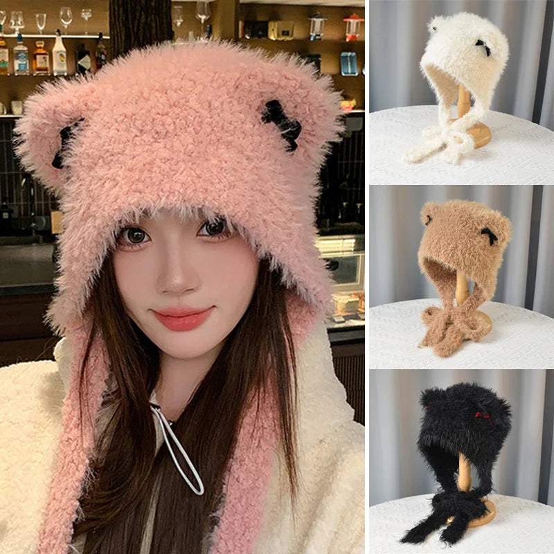 maoxiangshop  -  Winter Fur Hat Cat Women Ears Bow Knitted Beanies with Strap Outdoor Windproof Warm Thickened Bonnet Fashion Ear Protection Caps