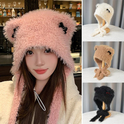 maoxiangshop  -  Winter Fur Hat Cat Women Ears Bow Knitted Beanies with Strap Outdoor Windproof Warm Thickened Bonnet Fashion Ear Protection Caps