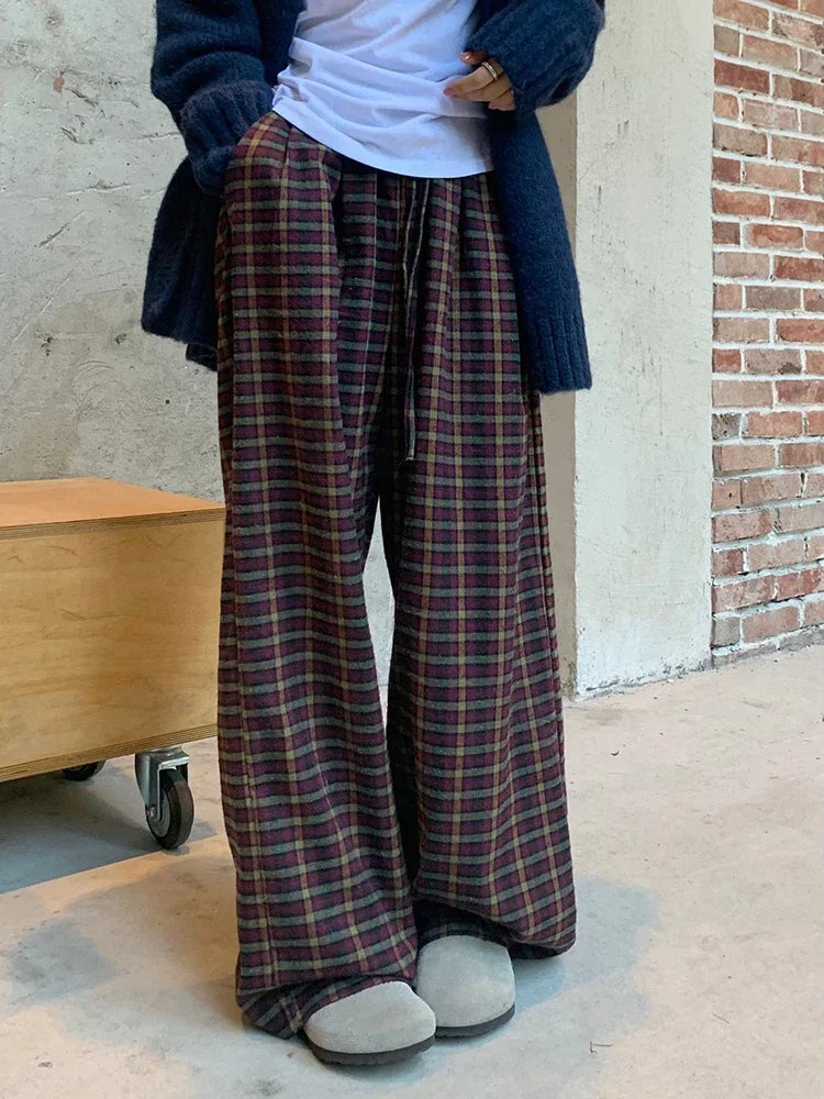maoxiangshop  -  2024 Streetwear Sweet Plaid Pants Women Autumn Y2k Aesthetic Drawstring Casual Trousers High Waist Harajuku All Match Pantalones