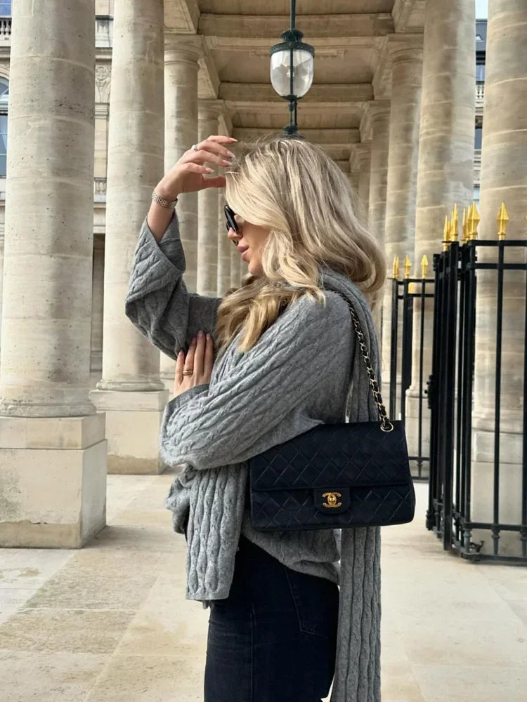 maoxiangshop  -  Women Casual Gray Knitted Sweater With Scarf Elegant Round Neck Long Sleeves Pullover 2024 Autumn Lady High Street Jumper Top