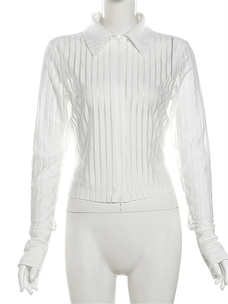 maoxiangshop  -  Autumn Hipster White Stripe See Through Sexy Shirts For Women 2024 Long Sleeve Polo-Neck Double Zip Elegant Chic Blouses