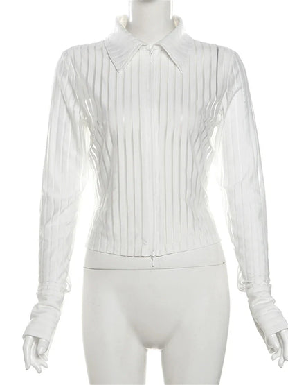 maoxiangshop  -  Autumn Hipster White Stripe See Through Sexy Shirts For Women 2024 Long Sleeve Polo-Neck Double Zip Elegant Chic Blouses