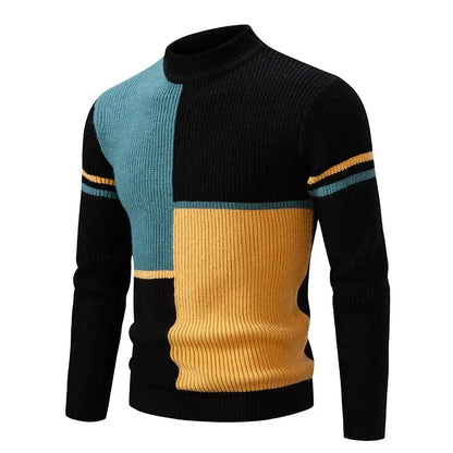 maoxiangshop Men's Autumn Winter New Mock Neck Pullovers Fashion Patchwork Knitted Warm Sweater Man Slim Fit Casual Knitwear Sweaters Tops