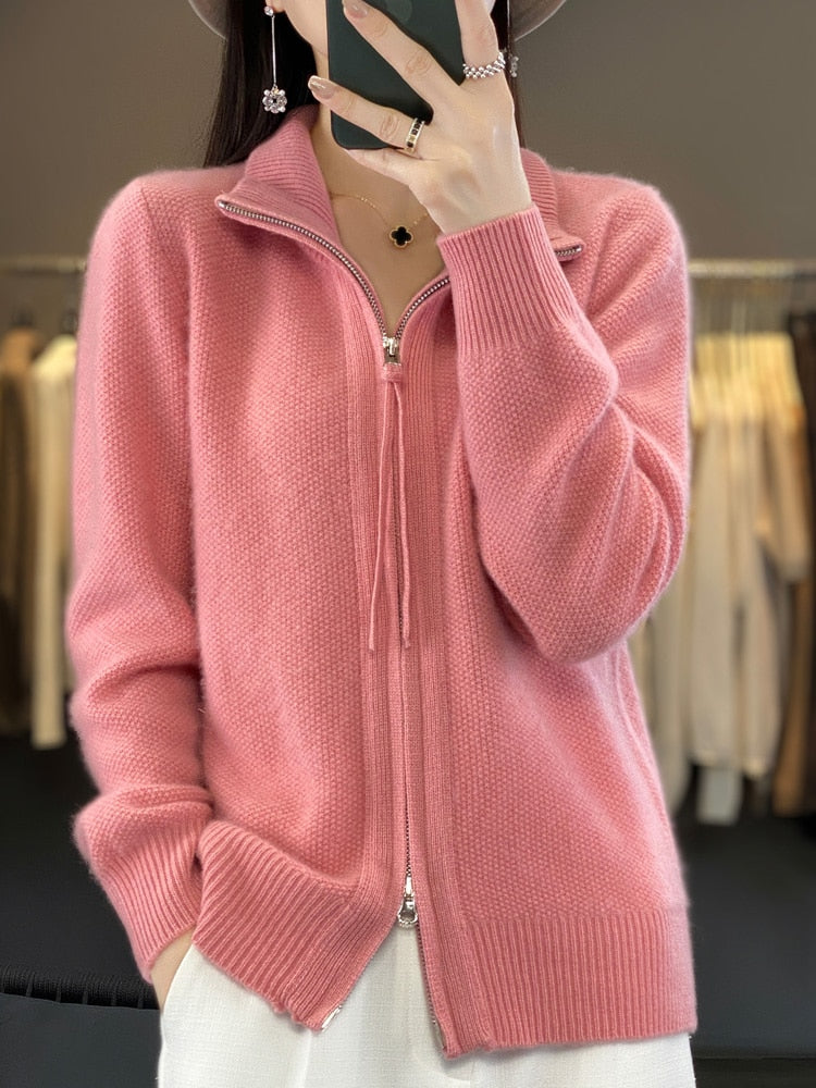 Women's 100% Merino Wool Knitting Sweater Clothing Autumn/Winter Casual Loose Top Fashion Korean Cashmere Large Zipper Jacket