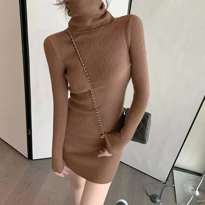 maoxiangshop Women Autumn Turtleneck Thicken Warm Bodycon Dress Long Sleeve Knit Solid Office Pullover Dress For Women Winter