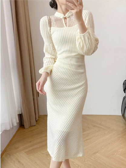 Autumn Winter Elegant Slim Evening Prom Party Dresses Ladys Vintage Long Sleeve Midi Vestdios Women Fashion One Piece Clothes