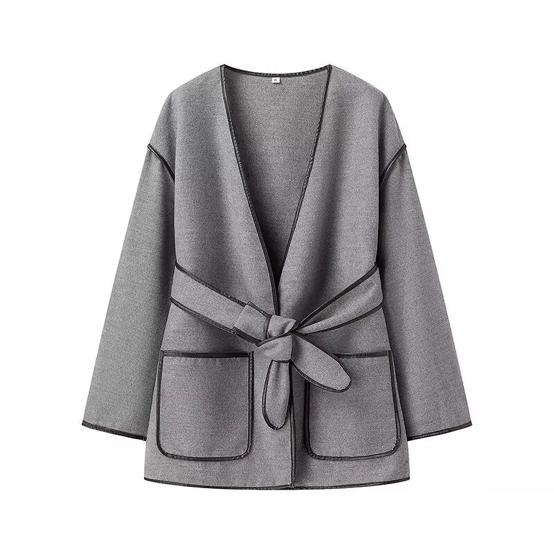 maoxiangshop  -  Woolen Women Long Coat 2024 Autumn Winter V-Neck Lace Up Loose Outerwear Lady Long Sleeve with Pockets Coats