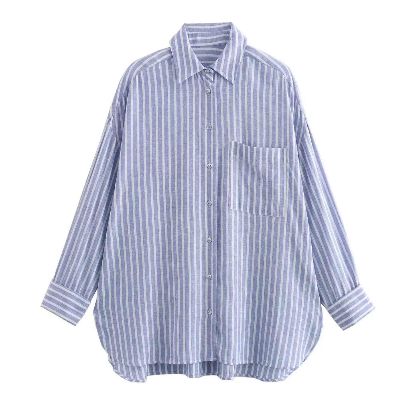 maoxiangshop  -  Striped Pocket Blouses Women 2024 New Single Breasted Long Sleeve Blouse Female Autumn Casual Simple Thin Lapel Collar Shirts