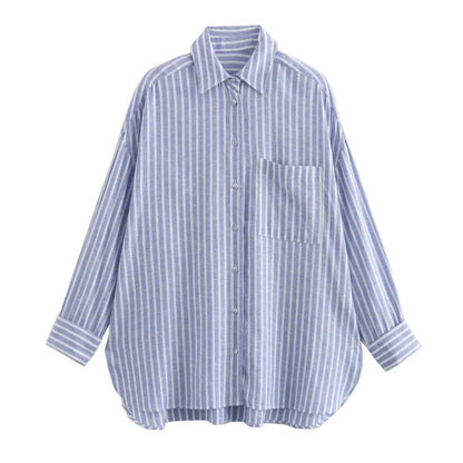 maoxiangshop  -  Striped Pocket Blouses Women 2024 New Single Breasted Long Sleeve Blouse Female Autumn Casual Simple Thin Lapel Collar Shirts