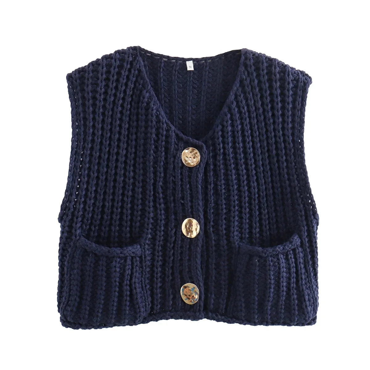 maoxiangshop  -  Pocket Solid Color Cardigan Women 2024 Autumn New O Neck Single Breasted Sleeveless Cropped Sweater Casual Fashion Knitted Vest
