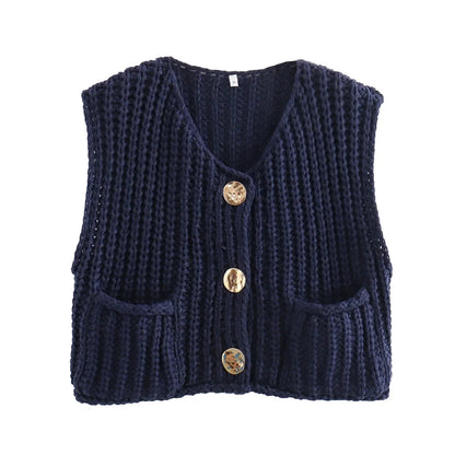 maoxiangshop  -  Pocket Solid Color Cardigan Women 2024 Autumn New O Neck Single Breasted Sleeveless Cropped Sweater Casual Fashion Knitted Vest