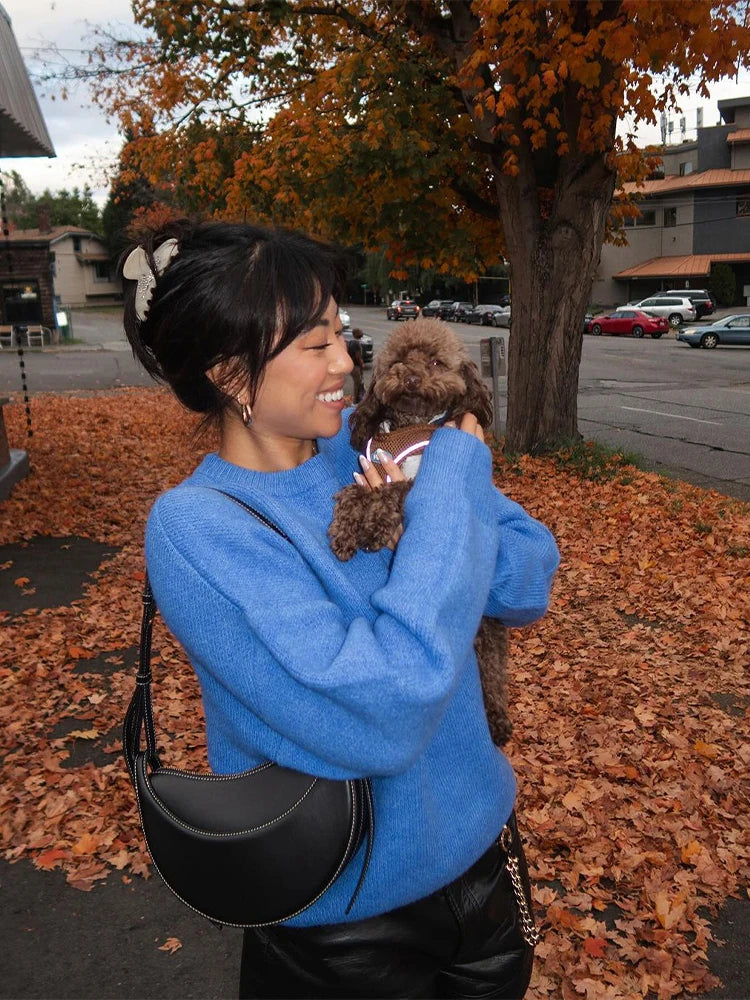 maoxiangshop -  Solid Round Neck Long Sleeved Sweater Women Loose Warm Knitwear Pullover Autumn Winter Fashion Female Commuter Jumper