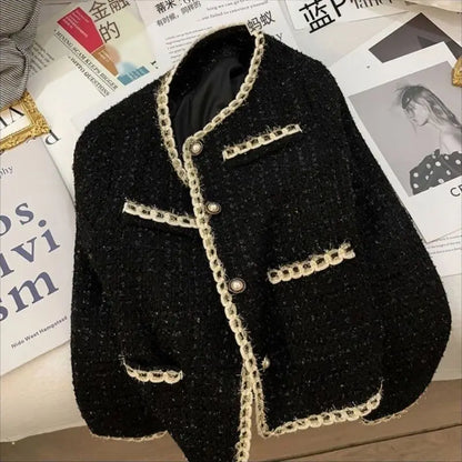 Vintage Black Tweed Jacket Women Elegant Cropped Quilted Coat Korean Commute Blazer Winter Ladies Thicken Short Outerwear