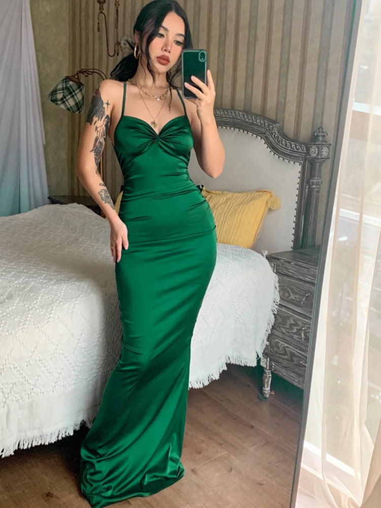 Women Party Dress New Arrivals Maxi Satin Bodycon Dress Green Halter Dress Backless Sexy Celebrity Club Night Dresses