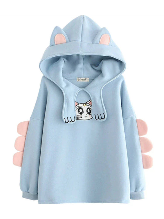maoxiangshop Women's Hoodies Sweatshirt With Ears On Hood Cat Embroidery Cute Harajuku Fleece Hoodie Hooded Clothes Pullovers