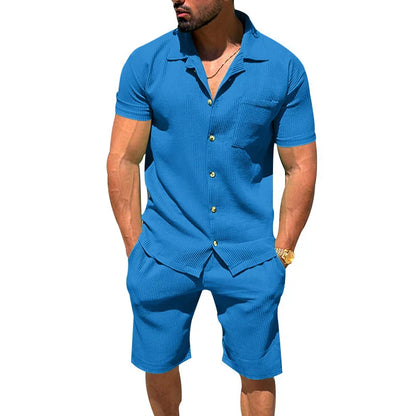 maoxiangshop Solid Color Texture Shirts And Shorts Mens Two Piece Sets Summer Casual Short Sleeve Buttoned Lapel Shirt Outfits Men Streetwear