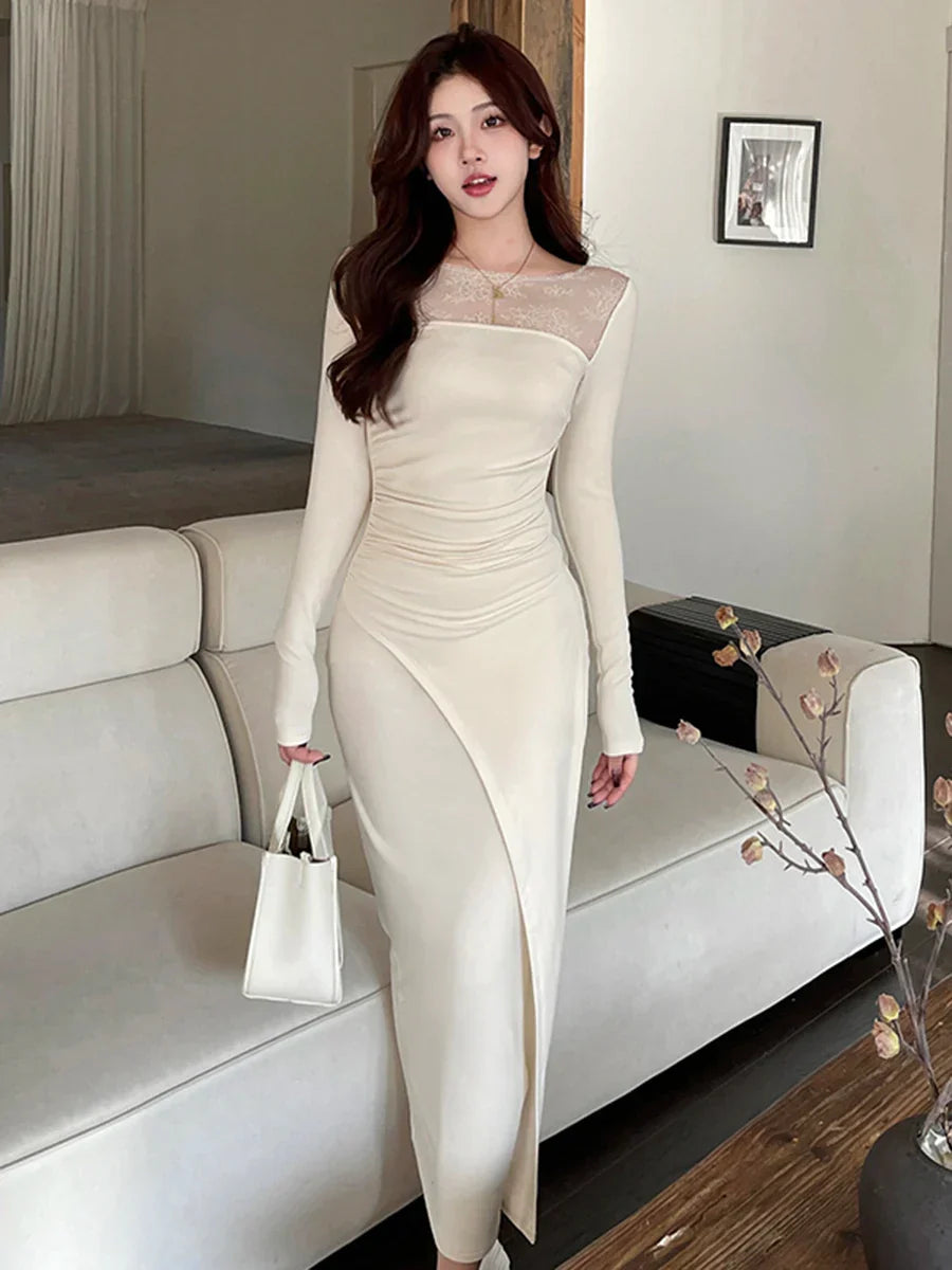 maoxiangshop-Women's Casual Dress 2024 New Elegant Temperament Splicing Lace Square Neck Shrinking Pleated Waist Brushed Long Sleeve Dresses