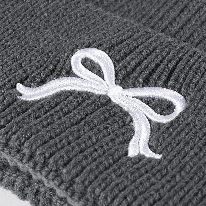 maoxiangshop  -  Winter Knitted Hat for Women Girls Bow Embroidery Woolen Beanies Korean Y2K Bowknot Hip Hop Caps Thick Elastic Ear Warmer Bonnet
