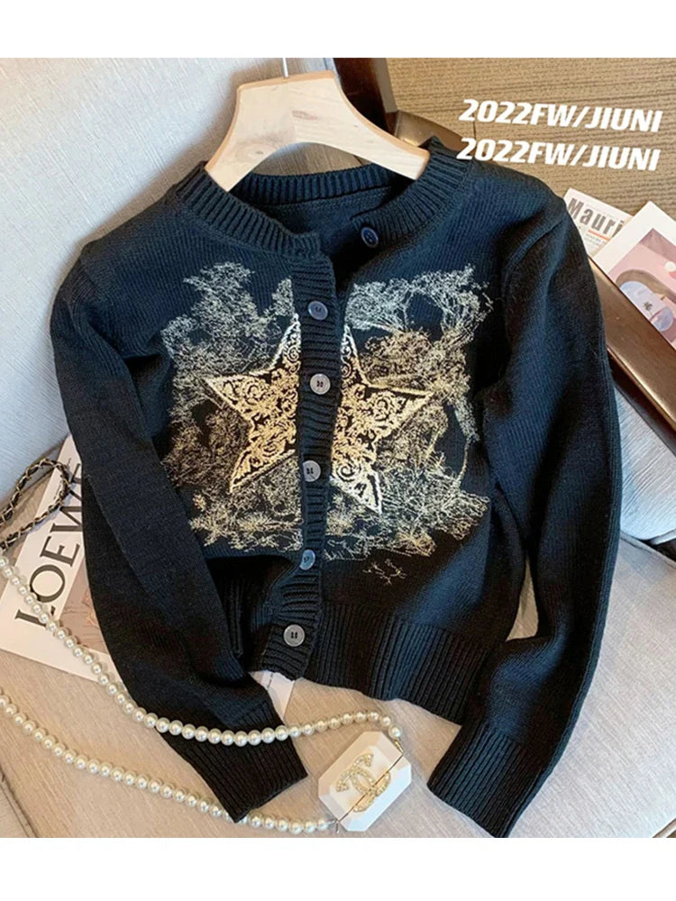 Autumn Winter Woman Old Money Vintage Harajuku Fashion Embroidery Cardigan O-Neck Single-breasted Sweater Long Sleeve Aesthetic